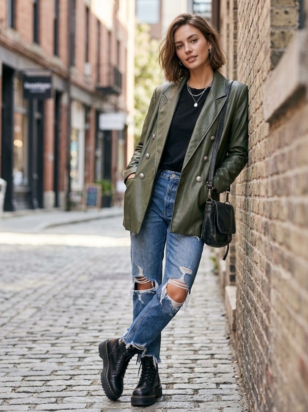 We The Free Olive Green Double-Breasted Leather Blazer